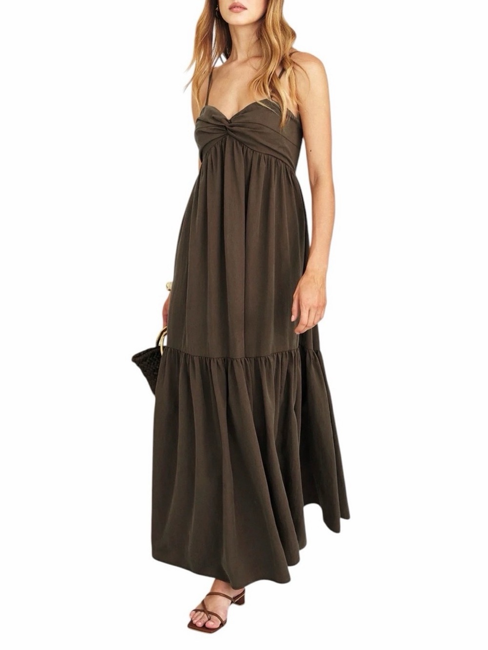 Commense Espresso Brown Twist Front Open Back Maxi Dress XS NWT